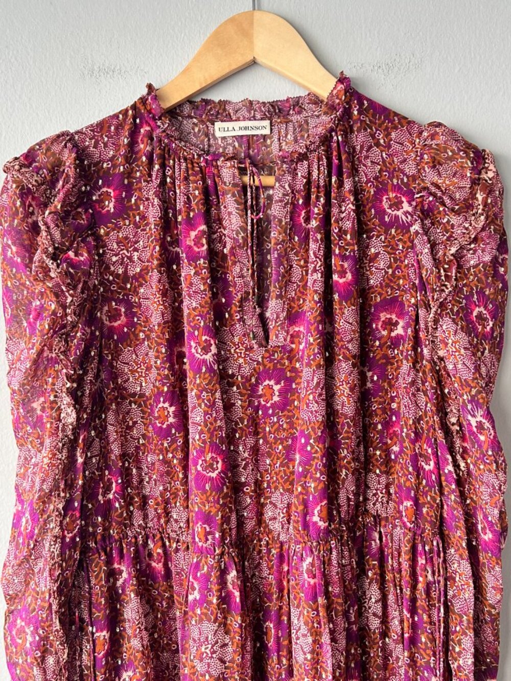 Ulla Johnson Alessandra Silk Lurex Floral Tiered Midi Dress Long Sleeves Size 6 - Picture 3 of 9